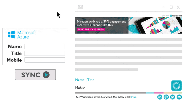 Active Directory Sender Data Sync - Rocketseed An animated graphic demonstrating syncing data from Microsoft Azure to Rocketseed.