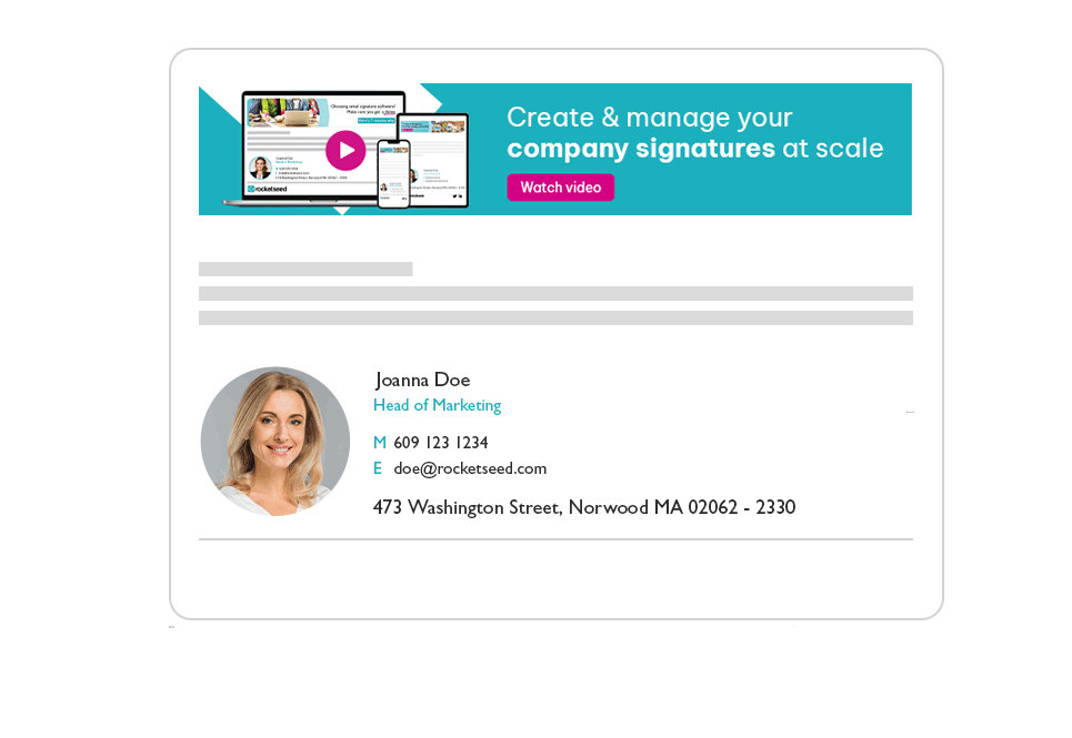 Animated-signature-with-banner Email signature featuring employee details, company logo, and a banner promoting a video CTA