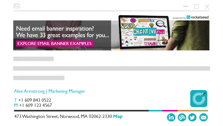 Best-email-banner-placement-Rocketseed An animated graphic demonstrating changing positioning of email banners from above to below a Rocketseed email signature.