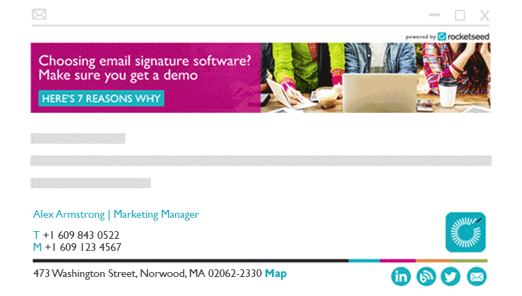 Multiple marketing banners in email signatures An animated graphic demonstrating changing email banners above a Rocketseed email signature.