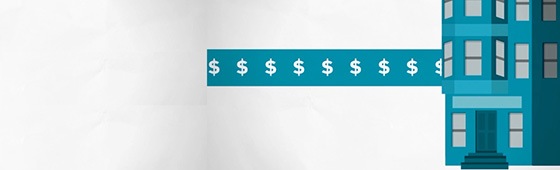 5-ways-using-email-media A graphic of a blue multi-storey building with a blue banner of repeated dollar signs extending away from it.