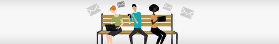 7 business opertunites using your email signature HEADER A graphic of three people sitting on a park bench, each on a phone, laptop or tablet device, with icons of closed envelopes above their heads.
