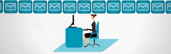 70-percent A graphic of a woman working at a desk, with a row of closed envelope icons above her.