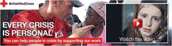 british-red-cross-email-banner An email banner with the British Red Cross logo in the top right corner, an image of a medical worker examining a child's face in the centre, a still from a video showing a young girl's face on the right side, and the words "Every Crisis is Personal. You can help people in crisis by supporting our work" superimposed.