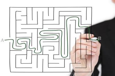 Build a plan A hand traces a line through a maze, from point A to point B.