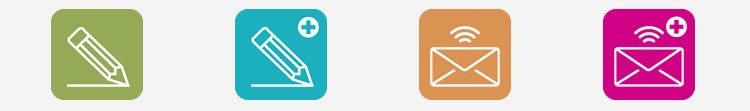 CAMPAIGN Two square icons depicting a pencil drawing a line, one with a plus sign in the corner, next to two square icons depicting an envelope with lines radiating from it, one with a plus sign in the corner.