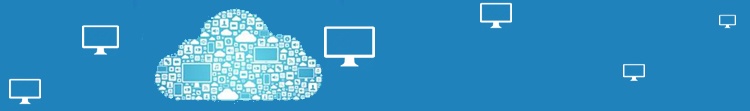 Campiagn in the cloud A graphic of a cloud filled with computer and screen-related icons, surrounded by computer screen icons, on a blue background.