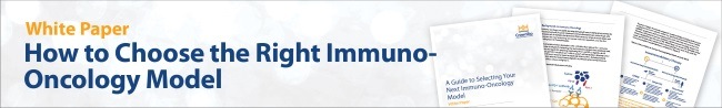 Crown bio An email banner with the words "White Paper" and "How to Choose the Right Immuno-Oncology Model" on one side, and a photo of three documents on the other side.