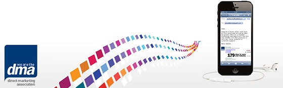 DMA-report A banner with the DMA logo in the left bottom corner, three rows of multicoloured squares extending into the distance, and a black iPhone with an email visible on the screen.