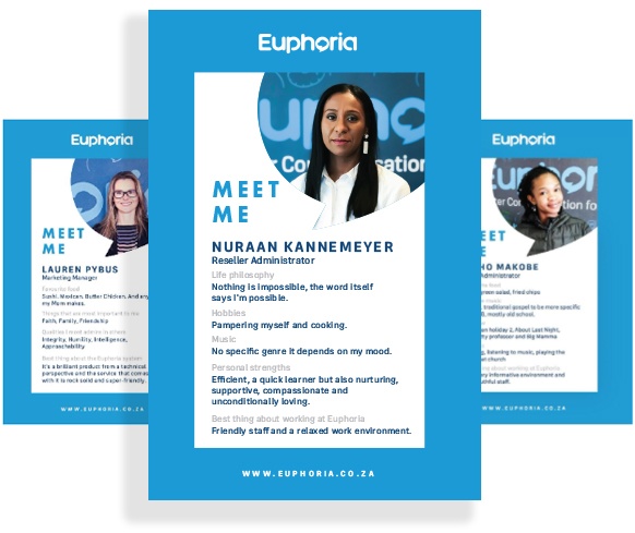 Employee profile - Euphoria Three employee information cards with the Euphoria logo at the top, followed by a profile picture, the words "Meet Me" and employee information.