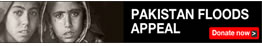 Flood Black and white headshots of two children next to the text "Pakistan Floods Appeal" and "Donate Now" on a black background.