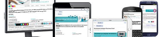 Generic-Header A range of different mobile, tablet and computer screens, all showing emails with colourful banners.