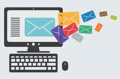 Got a question on email branding. A graphic of a computer screen with multi coloured envelopes coming out of the screen.