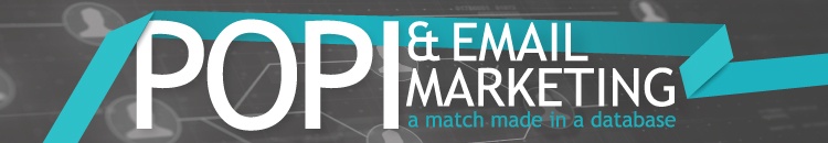 Header image Post event blog The words "POPI & Email Marketing a match made in a database" over a graphic blue & grey background.