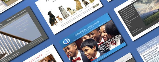 J&M-Marketing-Communications-220 Boxes showing various advertisements - one with a picture of boys in suits, one with a picture of dogs - are laid diagonally on a blue background.