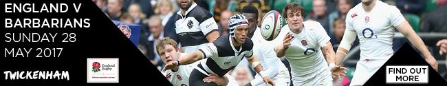 Keith-Prowse-email-banner-650 An email banner with a photo of rugby players mid-action, the Twickenham logo in the bottom left corner, the words "England V Barbarians Sunday 28 May 2017" on the left and "FIND OUT MORE" on the right.