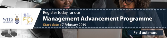Management Advancement Programme An email banner with the message "Register today for our Management Advancement Programme" above further details and a "Find out more" button, over a photo of two people conferring, with two WITS University logos on the left.