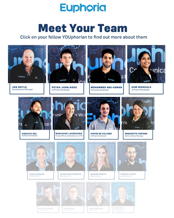 Meet our team landing page - Euphoria A page of staff profile photographs titled Meet Your Team: Click on your fellow YOUphorian to find out more about them, with the Euphoria logo at the top of the page.