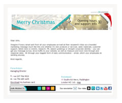 Personal email 2 A screenshot of an email with colourful banners at the top and bottom with the words "Merry Christmas", and indiscernible text in the body.
