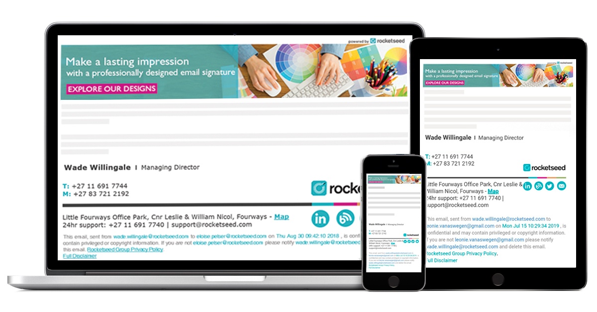 Rocketseed branded email A laptop, iPhone, and tablet, all showing a Rocketseed email banner & signature on-screen.