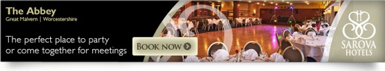 sarova-hotels-email-banner-02 An email banner with the Sarova Hotels logo on the right, details of The Abbey and the words "The perfect place to party or come together for meetings" to the left, and a "Book Now" button over an image of a function room in the centre.