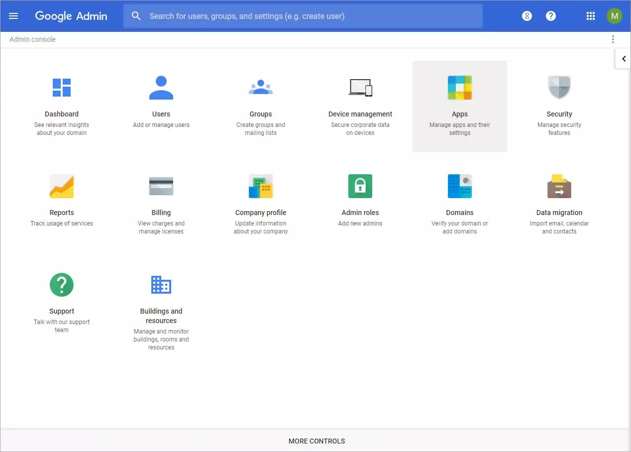 A screenshot of the Google Admin console, with the App icon selected.