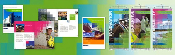 strategic-fusion-v2 A range of advertising samples, including screen grabs and banners, depicting a range of built environments and people working in PPE.