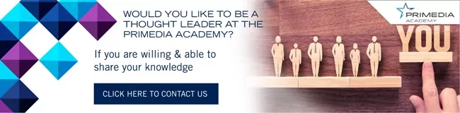 Thought leader banner.png An email banner with the Primedia Academy logo in the top right corner, a company message above a "CLICK HERE TO CONTACT US" button in the centre, and graphic blue and purple squares on the left side.
