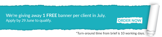 Xmas-in-July-Free-Banner4 An email banner made to look like a roll of blue paper being unfurled, with the words We're giving away 1 FREE banner per client in July. Apply by 29 June to qualify and an Order Now button.