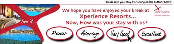 xperience-hotel-email-banner-560 An email banner with the Xperience logo in the top right corner, images of a resort on the left hand side, and a customer experience survey in the centre.