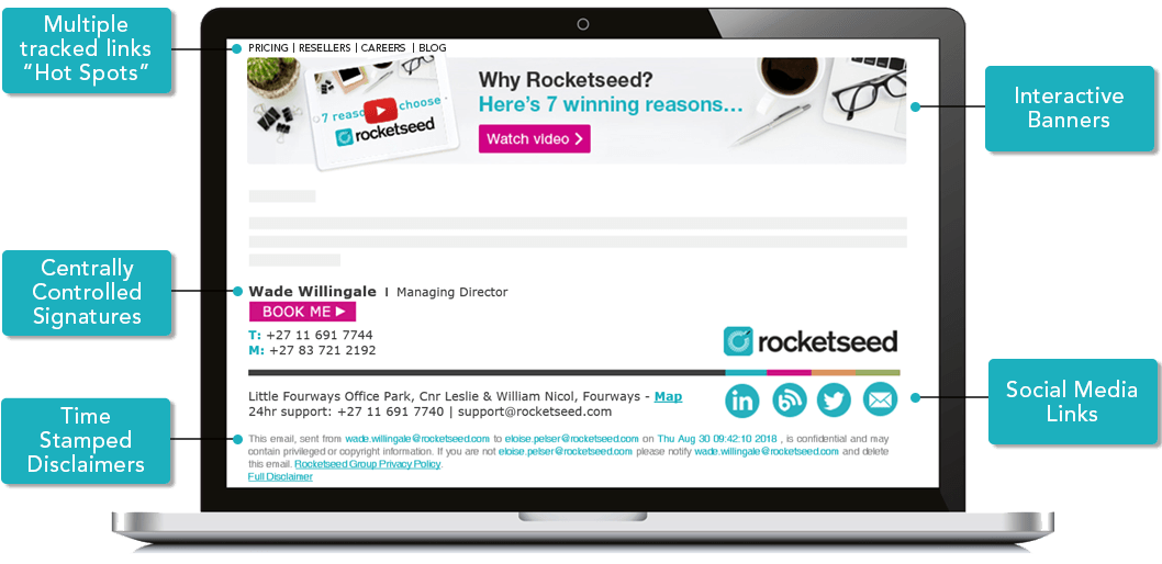 30 Day Free Rocketseed Trial Laptop A laptop showing a Rocketseed email banner and signature on screen, with blue labels pointing out various features of the design.
