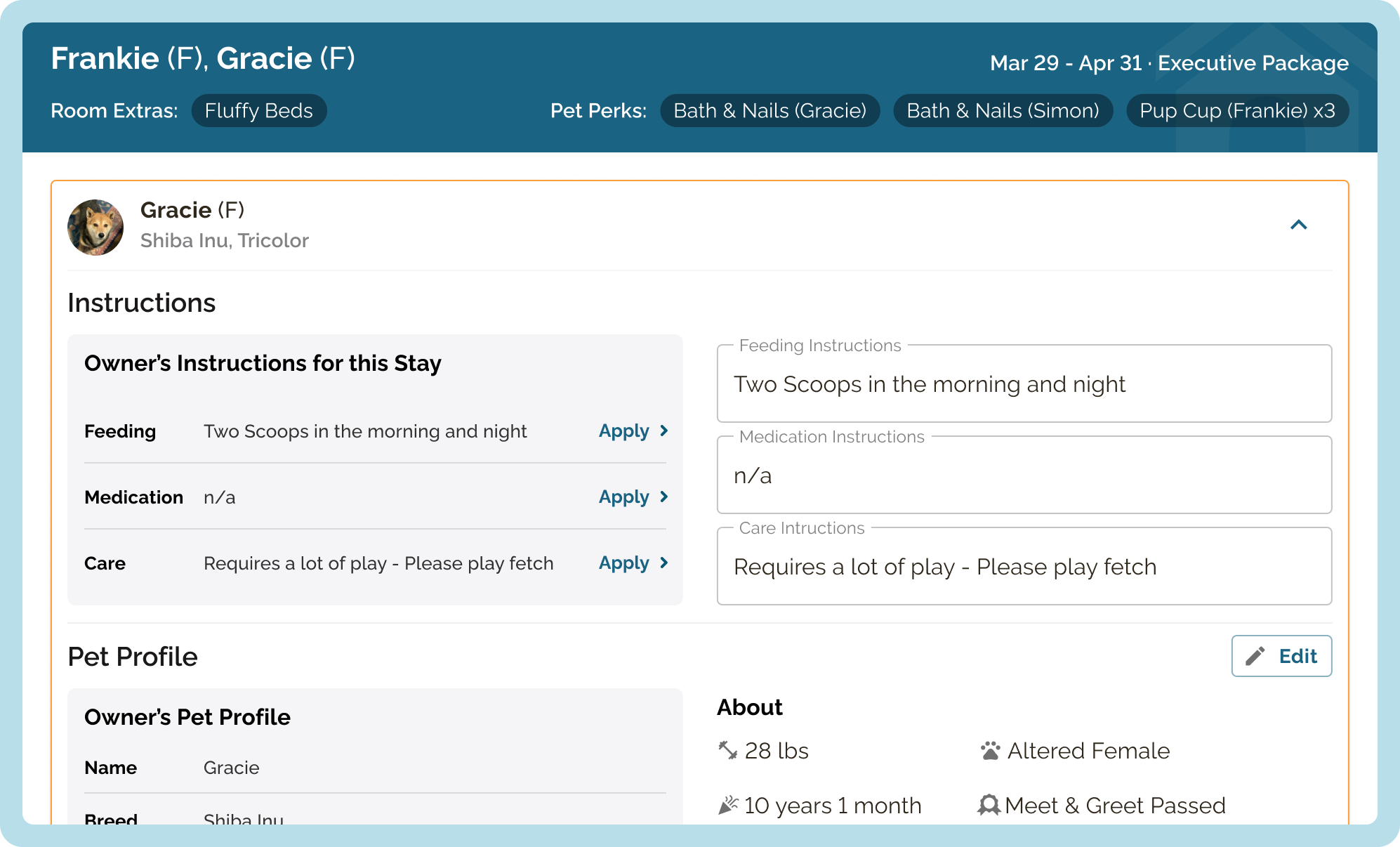 Pet info dashboard image