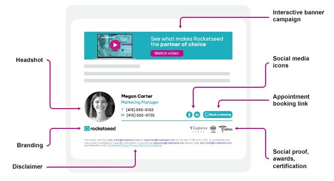 An example of a professional business email signature from Rocketseed, featuring an email banner, signature and disclaimer with descriptions.