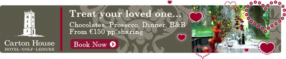 carton-house-hotel-email-banner An email banner with the Carton House logo on the left, an image of a table set for fine dining on the right, the words "Treat your loved one..." and promotional details in the centre, and red love heart graphics superimposed.