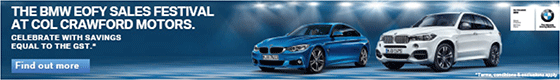 col-crawford-email-banner An email banner with the BMW logo in the top right corner, an image of a white and blue car in the centre, and details of the BMW EOFY Sale on the left.