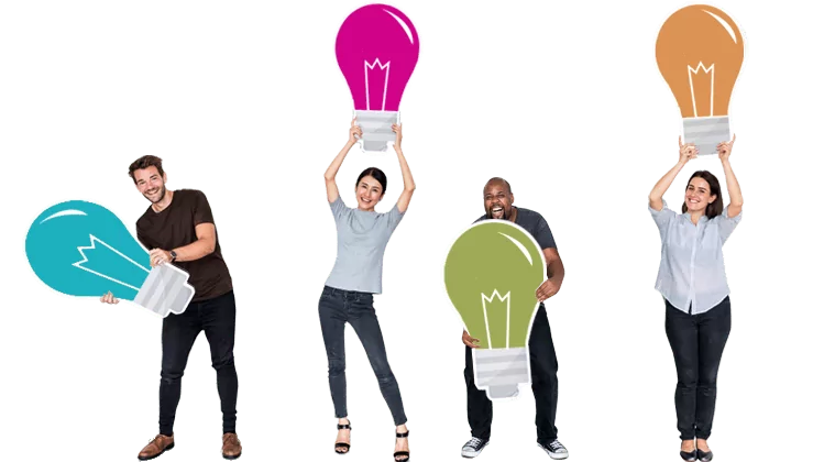 Dedicated Account Managers - Rocketseed Four people hold up colourful light bulb icons.