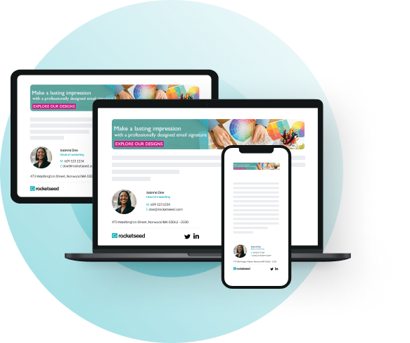 displays-perfectly A laptop, iPhone, and tablet, all showing a Rocketseed email banner & signature on-screen.