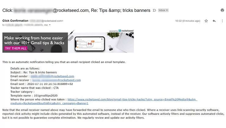 Email click notification An email with a Rocketseed banner at the top, and a template click notification report in the email body.