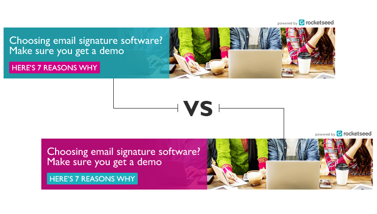 Email signature banner AB split testing Two Rocketseed banners in different colours, one above the other, separated by the letters "VS".