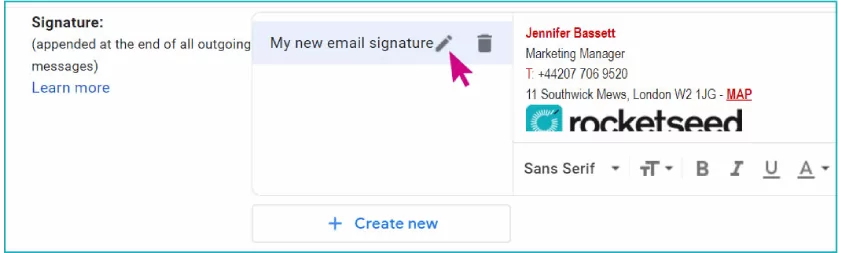 email-signature-creation-rocketseed-gsuite A screenshot of the Gmail email composer, with Jenny Bassett's email signature selected, and a pink arrow hovering over "My new email signature"