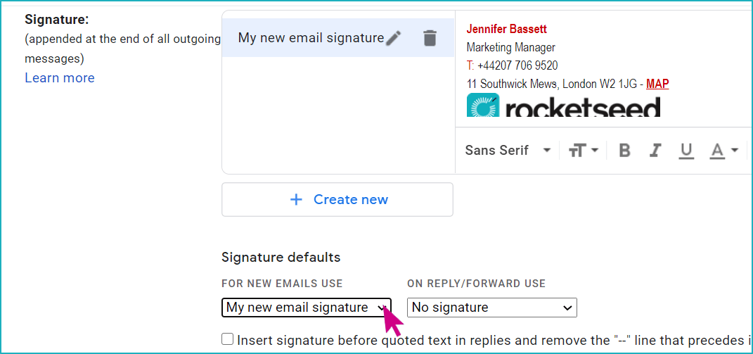 email-signature-gsuite-rocketseed A screenshot of the Gmail email composer, with Jenny Bassett's email signature selected, and a pink arrow hovering over "My new email signature"