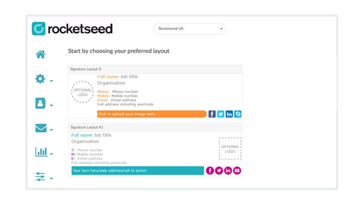 EMail signature Management.fw A screenshot of the Rocketseed dashboard, with the page title "Start by choosing your own layout".