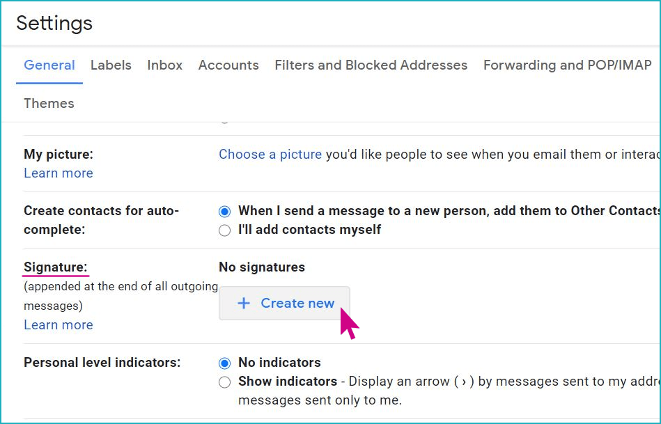 gsuite-email-settings-rocketseed A screenshot of a settings window, with the General tab selected, and a pink arrow hovering over the "Create New" signature button.