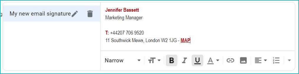 gsuite-formatting-options-rocketseed A screenshot of the Gmail email composer, with Jenny Bassett's contact details visible, and "My new email signature" selected.