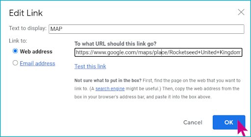 gsuite-hyperlink-additions-email-signatures A selection window titled Edit Link, with a pink arrow hovering over the "OK" button.