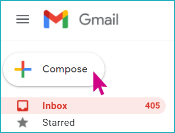 gsuite-inbox A close-up of the Gmail interface, with a pink arrow hovering over the "Compose" button.