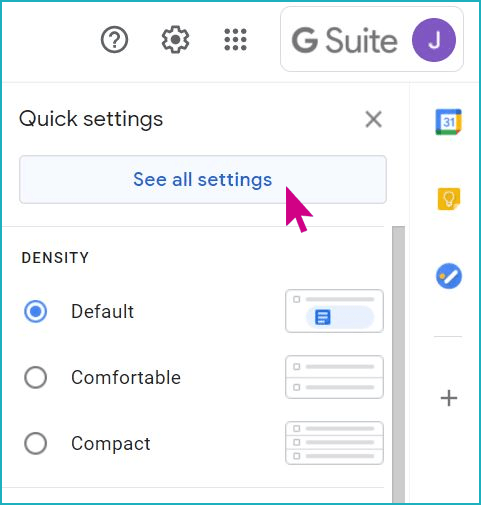 gsuite-quick-settings-rocketseed A screenshot of the GSuite Quick Settings menu, with a pink arrow hovering over the "See all settings" button.