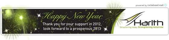 harith-email-banner An email banner with the Harith logo on the right, the words "Happy New Year. Thank you for your support in 2012, look forward to a prosperous 2013" in the centre, with graphic fireworks superimposed.