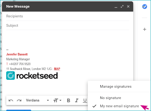 insert-signature-gsuite-rocketseed A screenshot of the Gmail email composer, with Jenny Bassett's contact details and the Rocketseed logo in the text editor, and a pink arrow hovering over My new email signature in the Manage signatures menu.
