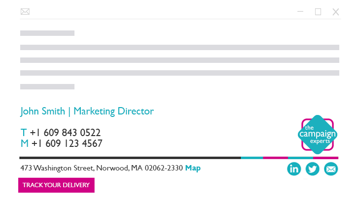 Transport_Logistics_Email_Signature An email signature for John Smith, with contact details, The Campaign Experts logo, and various social media icons.